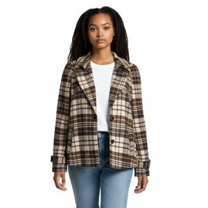 Charter Club Y2K Brown Plaid Wool Blend Short Swing Pea Coat Raglan Sleeves Sz L